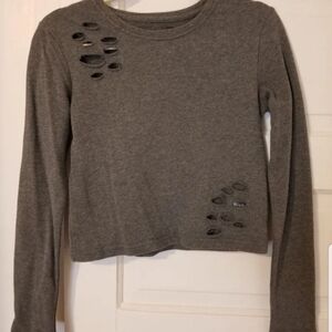 Womens Alpahlete Gray Distressed Long Sleeve Top